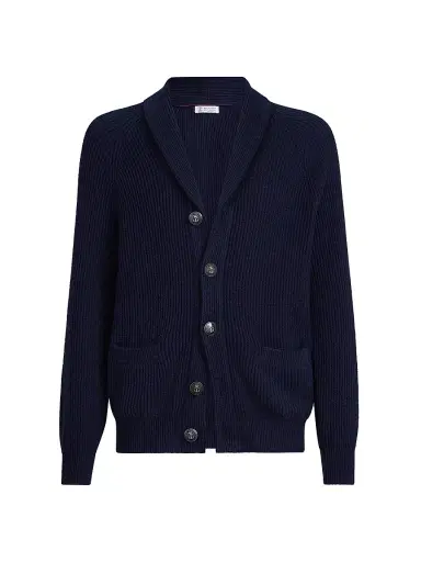 Brunello Cucinelli Men's Malfilé Cotton English Rib Cardigan with Raglan Sleeves - Navy Blue | Thumbnail 1