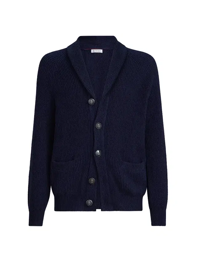 Men's Malfilé Cotton English Rib Cardigan with Raglan Sleeves - Navy Blue