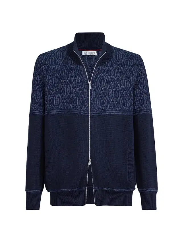 Men's Cotton Cardigan with Jacquard Cable Shoulder - Navy Blue
