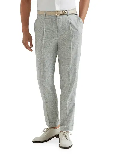 Brunello Cucinelli Men's Virgin Wool Prince of Wales Fresco Pleated Trousers - Pearl Grey - Size 48 | Thumbnail 2
