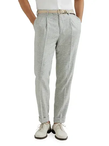 Brunello Cucinelli Men's Virgin Wool Prince of Wales Fresco Pleated Trousers - Pearl Grey - Size 48 | Thumbnail 5