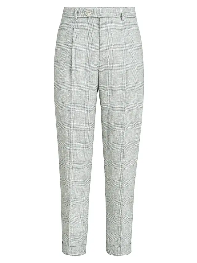 Brunello Cucinelli Men's Virgin Wool Prince of Wales Fresco Pleated Trousers - Pearl Grey