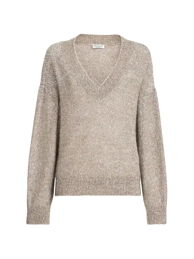 Brunello Cucinelli Women's Virgin Wool and Mohair Dazzling Texture Sweater - Light Brown