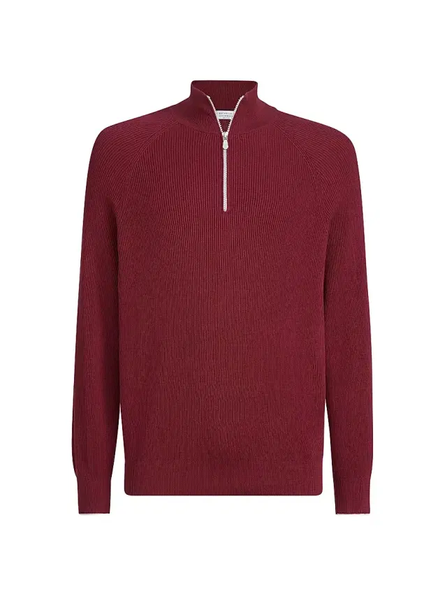 Men's Cotton English Rib Sweater with Half Zip and Raglan Sleeves - Red