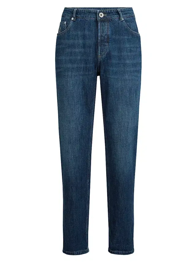 Brunello Cucinelli Men's Lightweight Denim Traditional Fit Five Pocket Jeans - Dark Denim