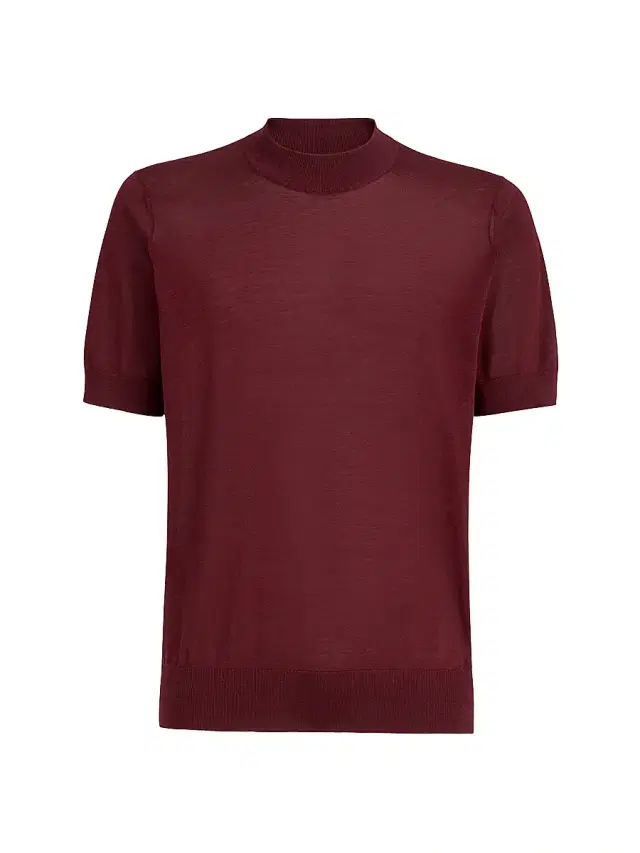 Men's Lightweight Silk and Cotton Knit T-Shirt with Mock Neck - Amaranth Red