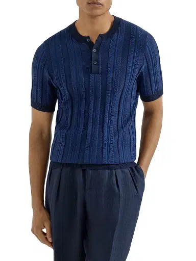Brunello Cucinelli Men's Cotton Jacquard Textured Rib Knit Henley T-Shirt - Navy Blue | Thumbnail 2 Brunello Cucinelli Men's Cotton Jacquard Textured Rib Knit Henley T-Shirt - Navy Blue | Thumbnail 2
