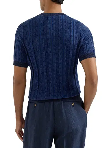 Brunello Cucinelli Men's Cotton Jacquard Textured Rib Knit Henley T-Shirt - Navy Blue | Thumbnail 3 Brunello Cucinelli Men's Cotton Jacquard Textured Rib Knit Henley T-Shirt - Navy Blue | Thumbnail 3