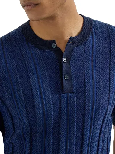 Brunello Cucinelli Men's Cotton Jacquard Textured Rib Knit Henley T-Shirt - Navy Blue | Thumbnail 4 Brunello Cucinelli Men's Cotton Jacquard Textured Rib Knit Henley T-Shirt - Navy Blue | Thumbnail 4