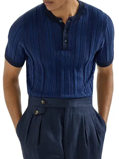 Brunello Cucinelli Men's Cotton Jacquard Textured Rib Knit Henley T-Shirt - Navy Blue | Thumbnail 5 Brunello Cucinelli Men's Cotton Jacquard Textured Rib Knit Henley T-Shirt - Navy Blue | Thumbnail 5
