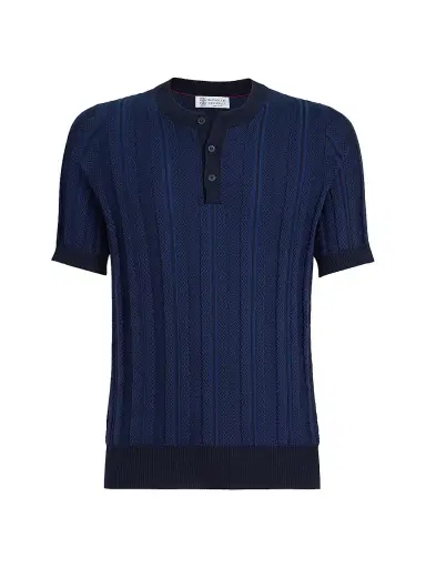 Brunello Cucinelli Men's Cotton Jacquard Textured Rib Knit Henley T-Shirt - Navy Blue | Thumbnail 1 Brunello Cucinelli Men's Cotton Jacquard Textured Rib Knit Henley T-Shirt - Navy Blue | Thumbnail 1