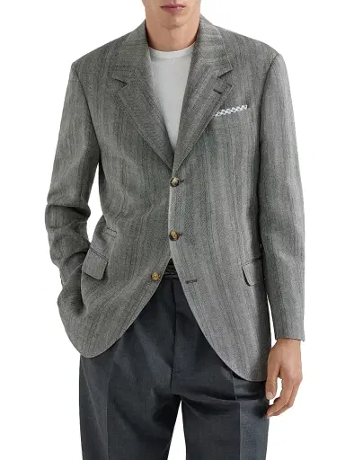 Brunello Cucinelli Men's Hemp, Virgin Wool and Silk Chevron Tailor Blazer - Medium Grey - Size 46 | Thumbnail 2