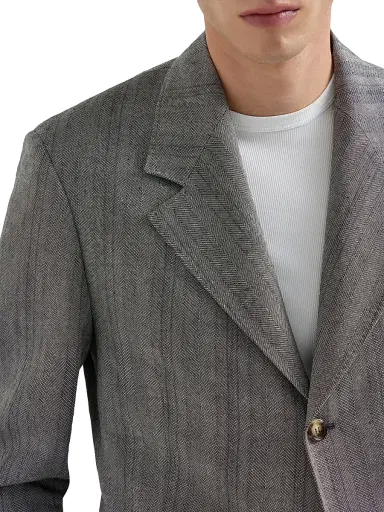 Brunello Cucinelli Men's Hemp, Virgin Wool and Silk Chevron Tailor Blazer - Medium Grey - Size 46 | Thumbnail 4