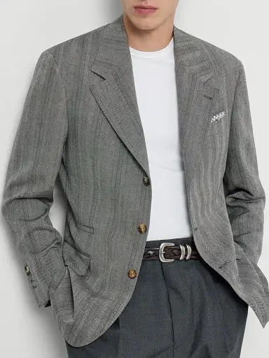 Brunello Cucinelli Men's Hemp, Virgin Wool and Silk Chevron Tailor Blazer - Medium Grey - Size 46 | Thumbnail 5