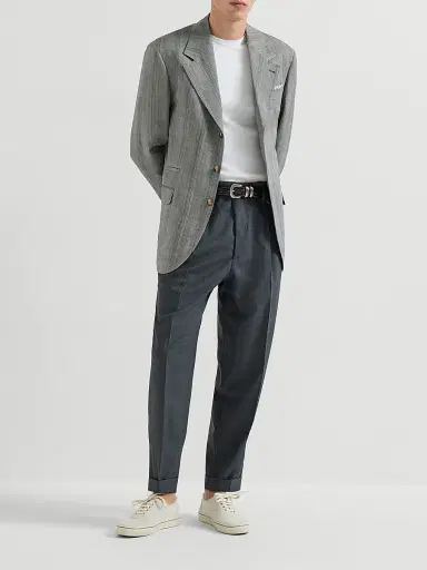 Brunello Cucinelli Men's Hemp, Virgin Wool and Silk Chevron Tailor Blazer - Medium Grey - Size 46 | Thumbnail 6