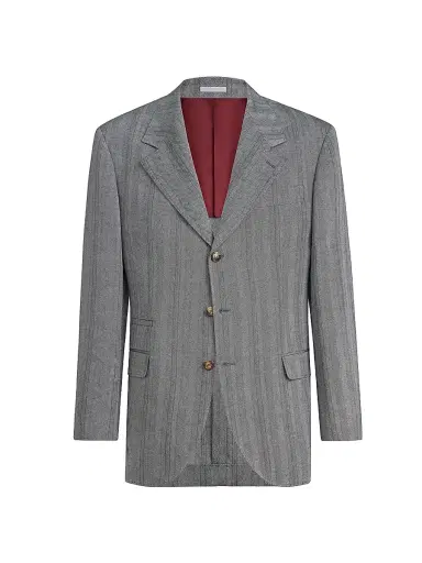 Brunello Cucinelli Men's Hemp, Virgin Wool and Silk Chevron Tailor Blazer - Medium Grey - Size 46 | Thumbnail 1