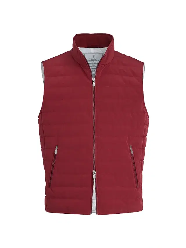 Brunello Cucinelli Men's Bonded Nylon Down Vest - Cherry