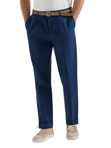 Brunello Cucinelli Men's Garment Dyed Trousers in Twisted Cotton Gabardine - Blue - Size 46 | Thumbnail 2