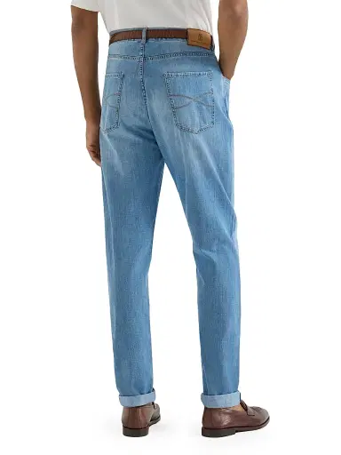 Brunello Cucinelli Men's Lightweight Old Denim Iconic Fit Five Pocket Jeans - Light Blue Denim - Size 48 | Thumbnail 3 Brunello Cucinelli Men's Lightweight Old Denim Iconic Fit Five Pocket Jeans - Light Blue Denim - Size 48 | Thumbnail 3