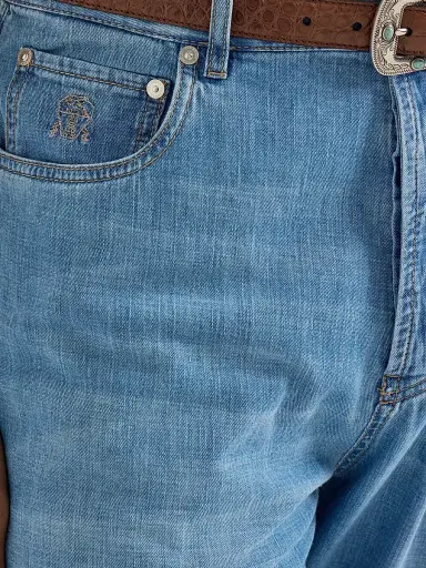 Brunello Cucinelli Men's Lightweight Old Denim Iconic Fit Five Pocket Jeans - Light Blue Denim - Size 48 | Thumbnail 4 Brunello Cucinelli Men's Lightweight Old Denim Iconic Fit Five Pocket Jeans - Light Blue Denim - Size 48 | Thumbnail 4