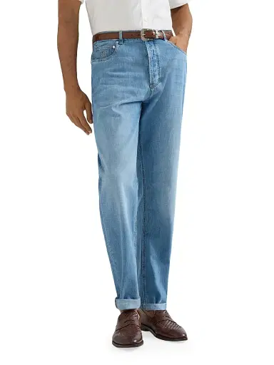 Brunello Cucinelli Men's Lightweight Old Denim Iconic Fit Five Pocket Jeans - Light Blue Denim - Size 48 | Thumbnail 5 Brunello Cucinelli Men's Lightweight Old Denim Iconic Fit Five Pocket Jeans - Light Blue Denim - Size 48 | Thumbnail 5