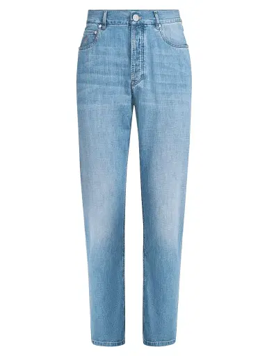 Brunello Cucinelli Men's Lightweight Old Denim Iconic Fit Five Pocket Jeans - Light Blue Denim - Size 48 | Thumbnail 1 Brunello Cucinelli Men's Lightweight Old Denim Iconic Fit Five Pocket Jeans - Light Blue Denim - Size 48 | Thumbnail 1