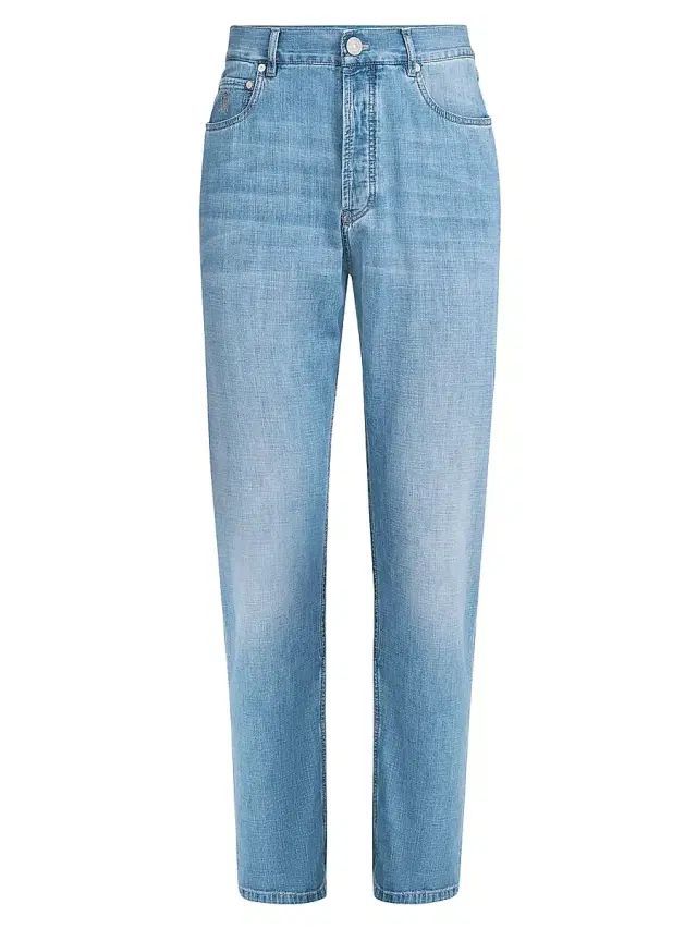 Brunello Cucinelli Men's Lightweight Old Denim Iconic Fit Five Pocket Jeans - Light Blue Denim