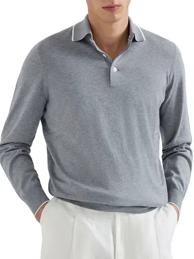 Brunello Cucinelli Men's Sea Island Knitted Cotton-Cashmere Polo Shirt | Thumbnail 2