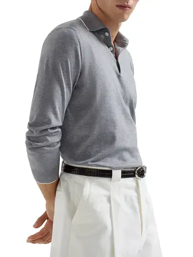 Brunello Cucinelli Men's Sea Island Knitted Cotton-Cashmere Polo Shirt | Thumbnail 5