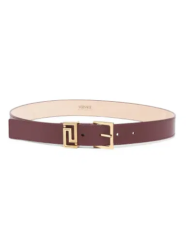 Versace Women's Leather Greek Key Logo Belt - Dark Burgundy Gold | Thumbnail 1 Versace Women's Leather Greek Key Logo Belt - Dark Burgundy Gold | Thumbnail 1