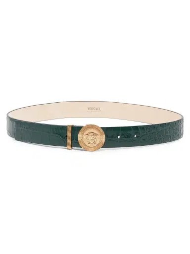 Versace Women's Croc-Embossed Leather Medusa Belt - Dark Emerald Gold | Thumbnail 1 Versace Women's Croc-Embossed Leather Medusa Belt - Dark Emerald Gold | Thumbnail 1