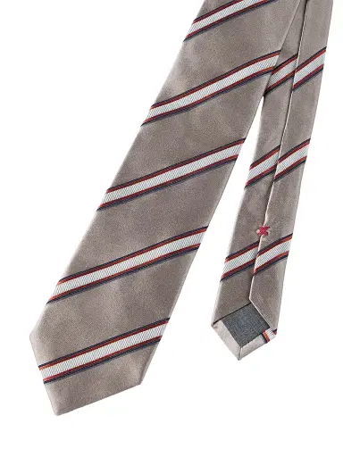 Brunello Cucinelli Men's Regimental Stripe Silk and Cotton Tie - Earth | Thumbnail 3 Brunello Cucinelli Men's Regimental Stripe Silk and Cotton Tie - Earth | Thumbnail 3