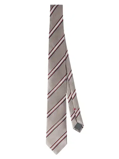 Brunello Cucinelli Men's Regimental Stripe Silk and Cotton Tie - Earth | Thumbnail 1 Brunello Cucinelli Men's Regimental Stripe Silk and Cotton Tie - Earth | Thumbnail 1