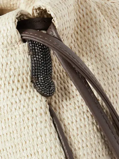 Brunello Cucinelli Embellished Leather-trimmed Raffia Shoulder Bag | Thumbnail 4