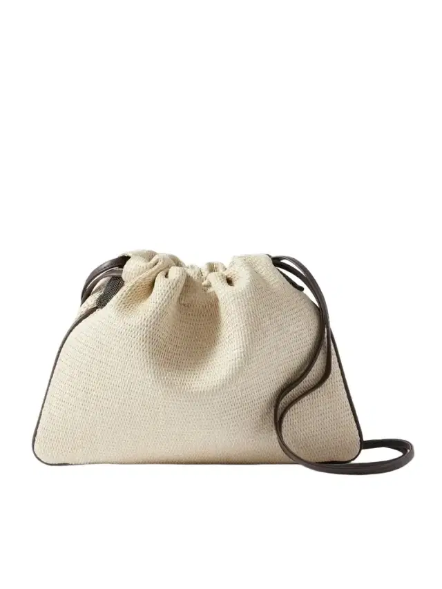 Brunello Cucinelli Embellished Leather-trimmed Raffia Shoulder Bag