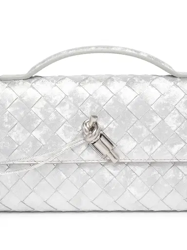Bottega Veneta Women's Andiamo Intrecciato Metallic Satin Leather Top-Handle Clutch - Silver | Thumbnail 4 Bottega Veneta Women's Andiamo Intrecciato Metallic Satin Leather Top-Handle Clutch - Silver | Thumbnail 4