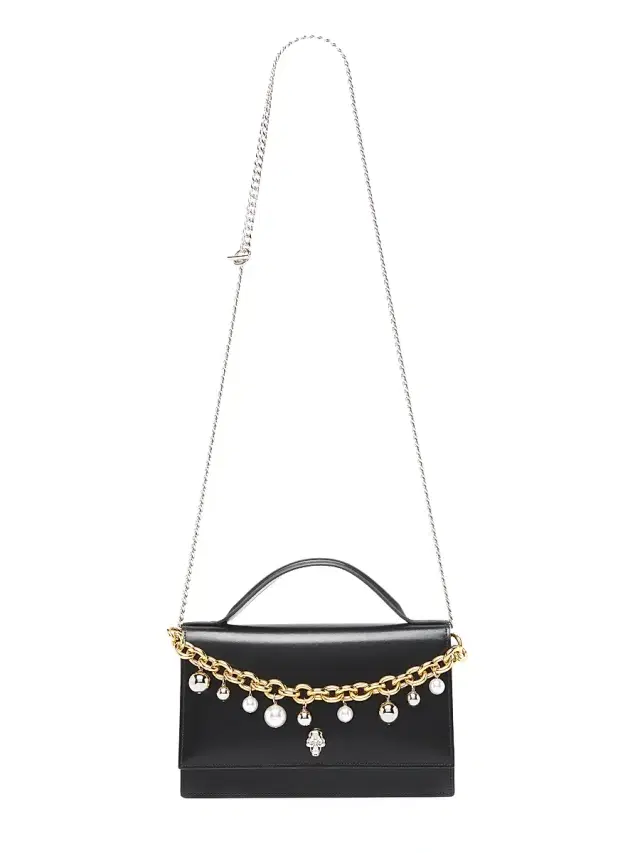 Women's Chain-Embellished Leather Top Handle - Black Silver