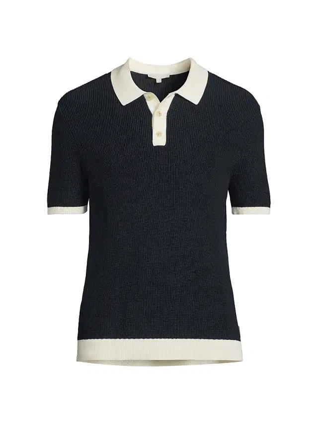 Men's Cotton-Linen Rib-Knit Polo Shirt - Midnight Egret
