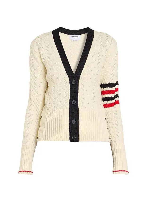 Women's Cable-Pointelle Knit Wool Cardigan - White Women's Cable-Pointelle Knit Wool Cardigan - White