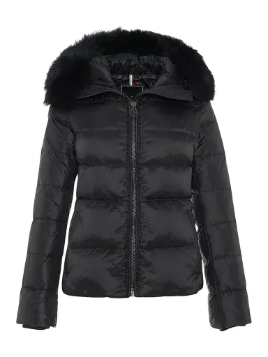 Gorski Women's Apres-Ski Jacket with Detachable Toscana Lamb Hood Trim - Black | Thumbnail 1 Gorski Women's Apres-Ski Jacket with Detachable Toscana Lamb Hood Trim - Black | Thumbnail 1
