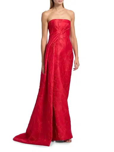 MONIQUE LHUILLIER Women's Jacquard Floral Draped Column Gown | Thumbnail 2