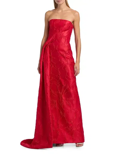 MONIQUE LHUILLIER Women's Jacquard Floral Draped Column Gown - Poppy - Size 0 | Thumbnail 3