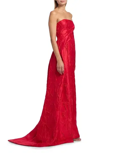 MONIQUE LHUILLIER Women's Jacquard Floral Draped Column Gown - Poppy - Size 0 | Thumbnail 4