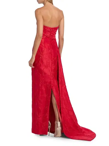MONIQUE LHUILLIER Women's Jacquard Floral Draped Column Gown - Poppy - Size 0 | Thumbnail 5
