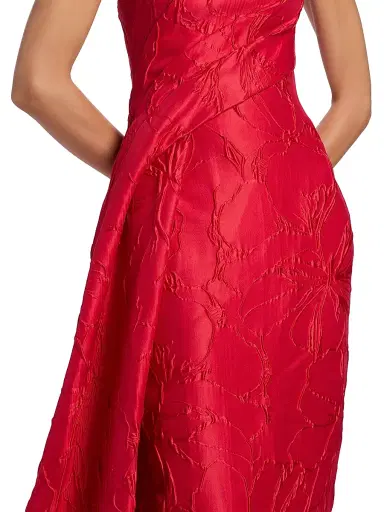 MONIQUE LHUILLIER Women's Jacquard Floral Draped Column Gown - Poppy - Size 0 | Thumbnail 6