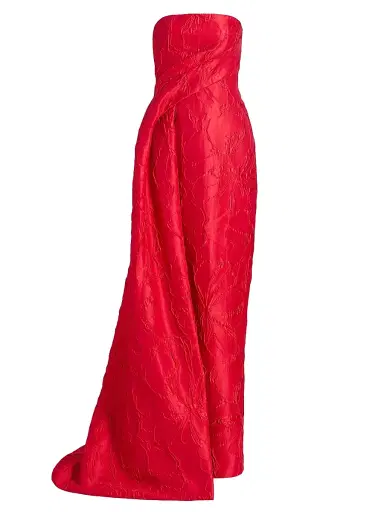MONIQUE LHUILLIER Women's Jacquard Floral Draped Column Gown - Poppy - Size 0 | Thumbnail 1