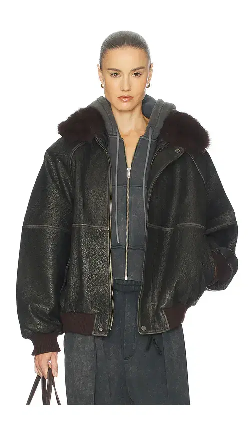 Helsa The Oversized Leather Bomber With Faux Fur Collar