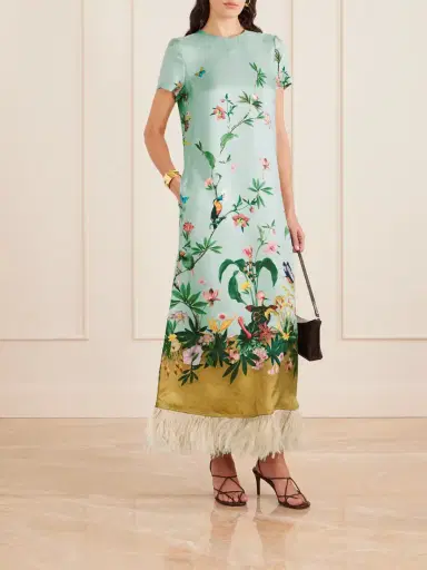 La DoubleJ Swing Feather-trimmed Printed Silk-twill Maxi Dress | Thumbnail 2 La DoubleJ Swing Feather-trimmed Printed Silk-twill Maxi Dress | Thumbnail 2