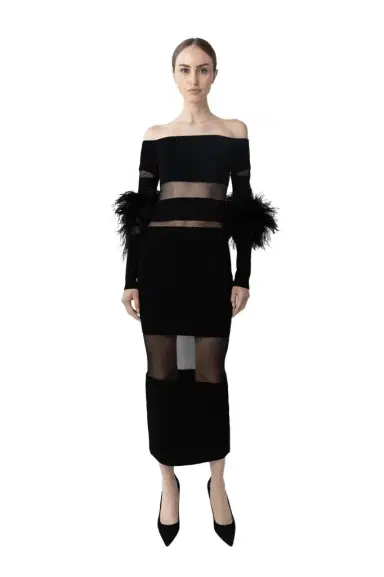 Lapointe Matte Viscose Intarsia Dress With Feathers | Thumbnail 1 Lapointe Matte Viscose Intarsia Dress With Feathers | Thumbnail 1