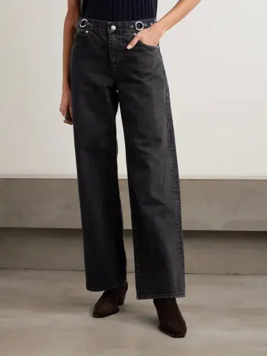 Frame The O-ring Stroll Embellished Leather-trimmed High-rise Wide-leg Jeans | Thumbnail 3 Frame The O-ring Stroll Embellished Leather-trimmed High-rise Wide-leg Jeans | Thumbnail 3